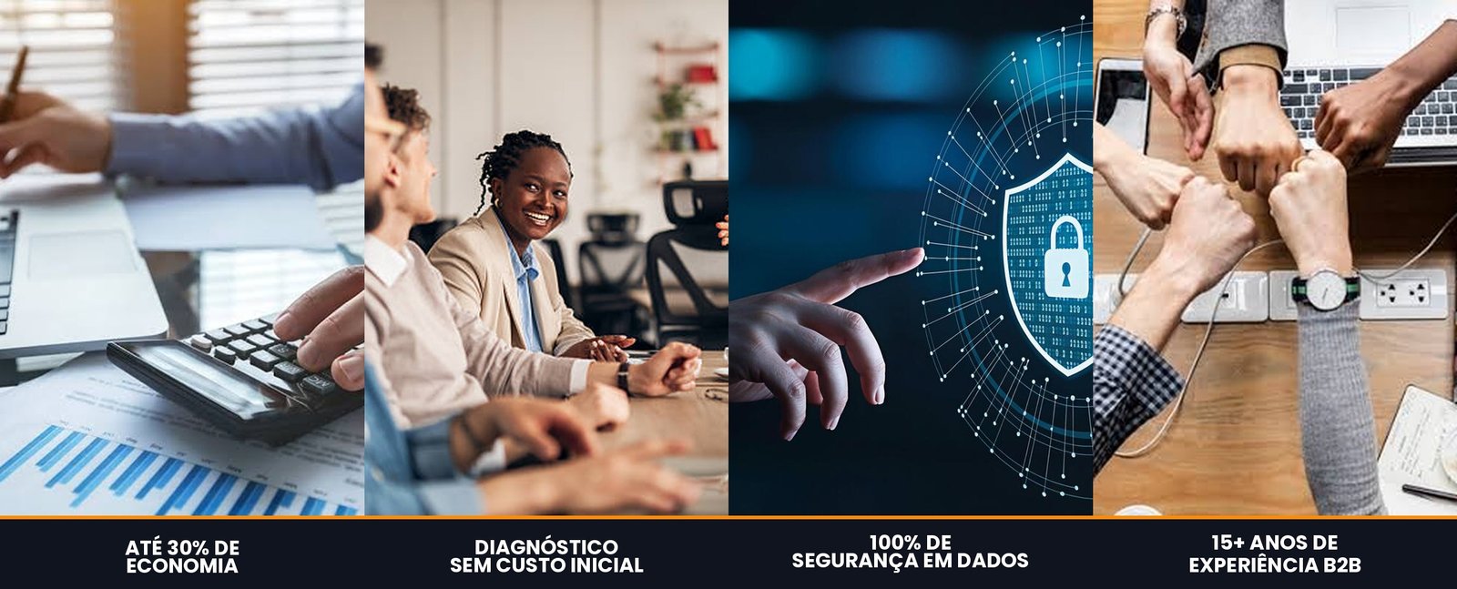 Diferenciais da Otimiza: até 30% de economia, diagnóstico sem custo inicial, 100% de segurança em dados e mais de 15 anos de experiência B2B